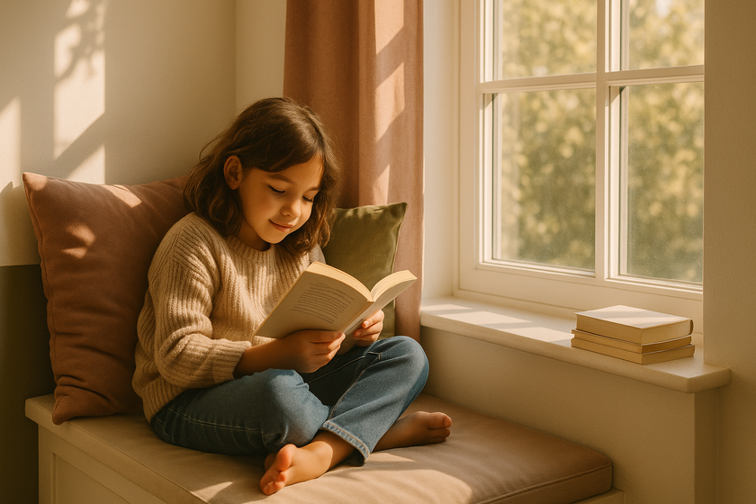 A child reading happily in a window seat with a stack of books nearby