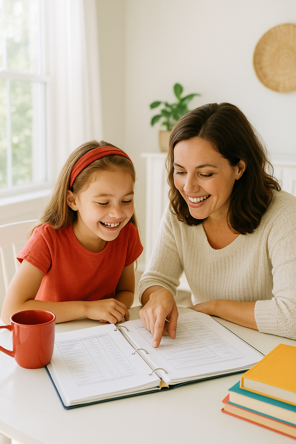 A mother and her daughter looking together at a printed homeschool year plan at a sunlit kitchen table