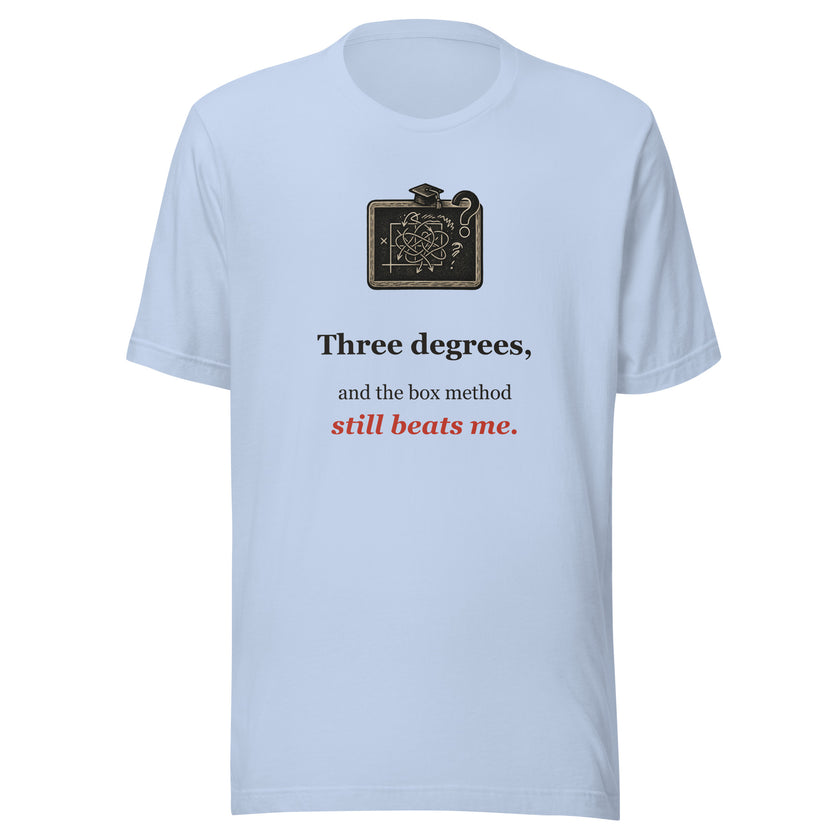 Three Degrees and the Box Method Still Beats Me — Funny Homeschool Math Tee