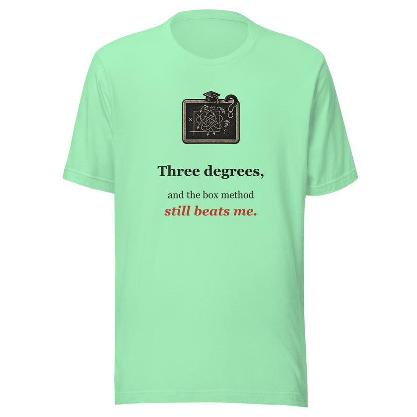 Funny Homeschool Math Tee: Three Degrees and the Box Method Still Beats Me