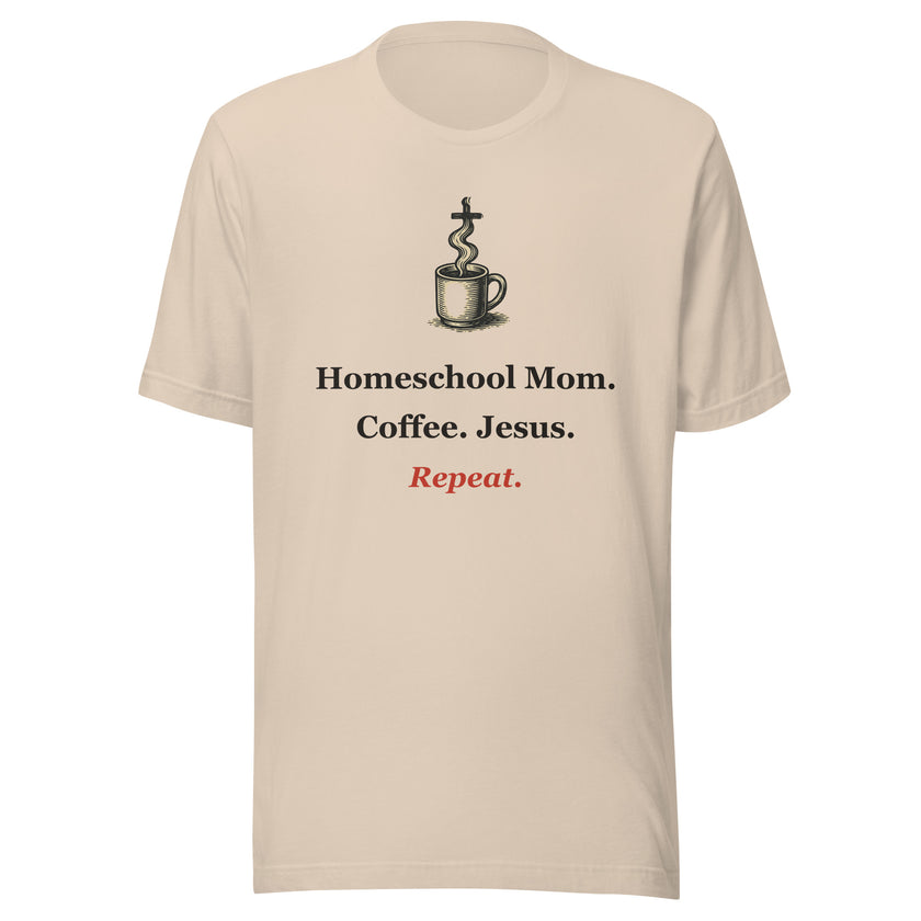 Homeschool Mom Shirt — Coffee. Jesus. Repeat. Christian Mom Tee
