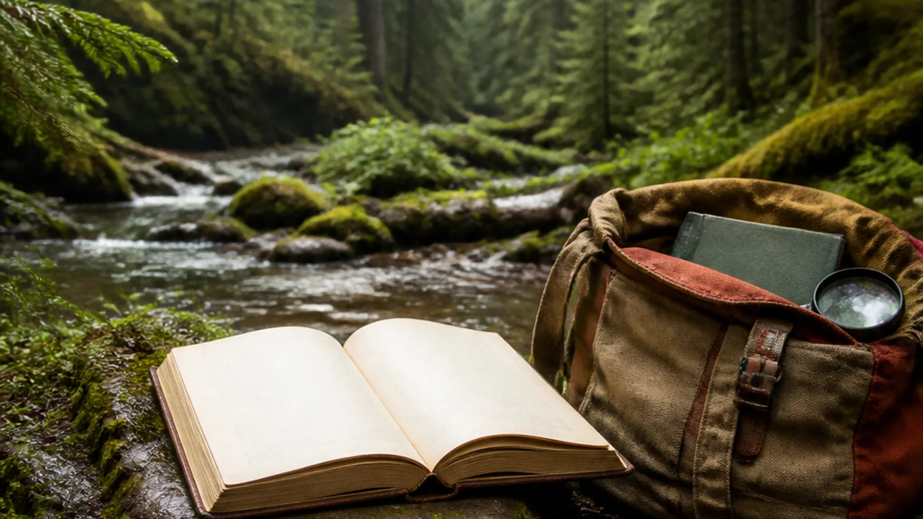 Open book and field pack beside a forest stream